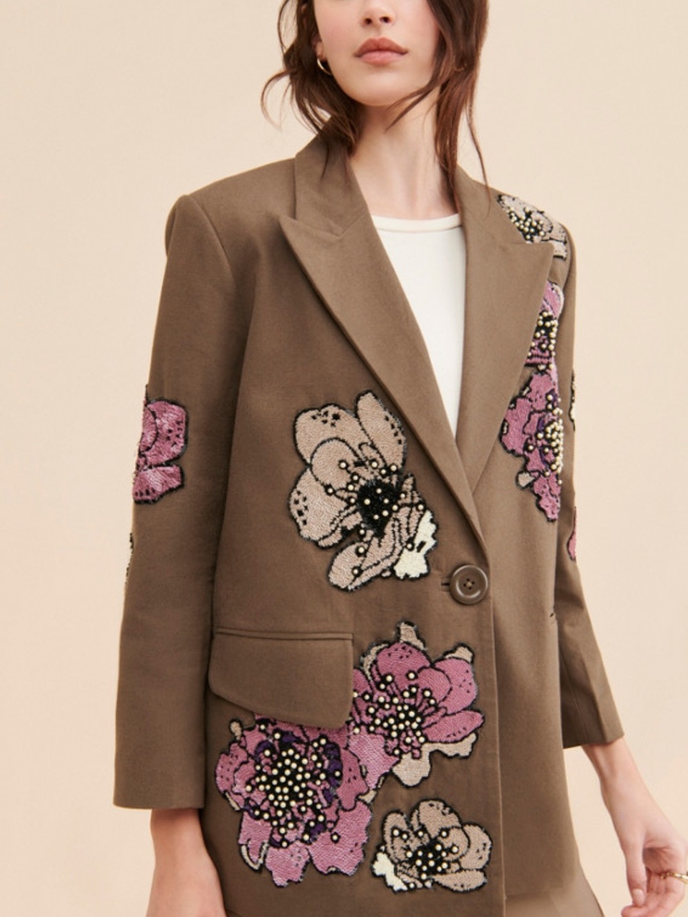 Anthropologie dhruv Kapoor Brown Blazer with Pink & Cream Floral Appliqués